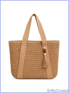 Woven Straw Tote Bag Zippered Lined Shoulder Handbag Travel Work Shopping